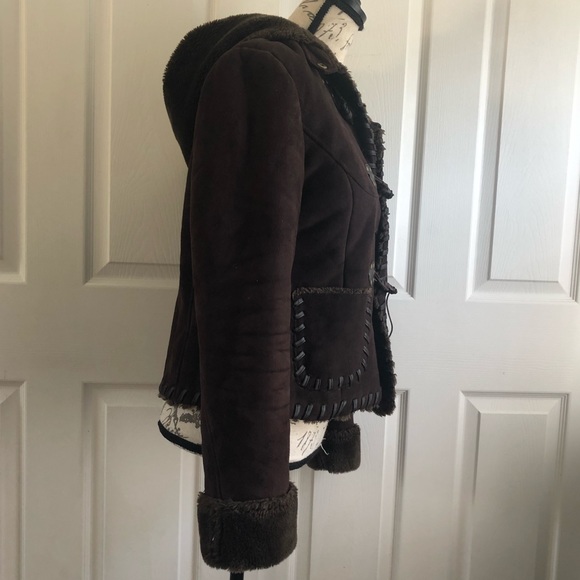 Via Spiga Faux Suede Leather Hooded Fleece Coat - Picture 5 of 8